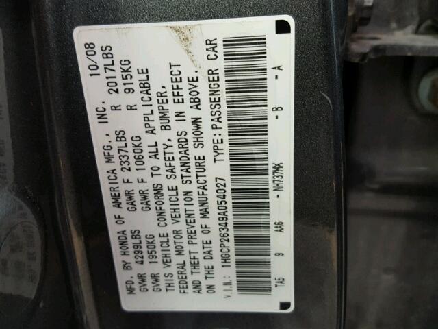 1HGCP26349A054027 - 2009 HONDA ACCORD LX GRAY photo 10