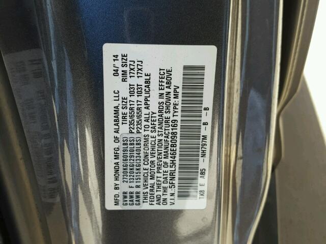 5FNRL5H46EB098169 - 2014 HONDA ODYSSEY EX GRAY photo 10