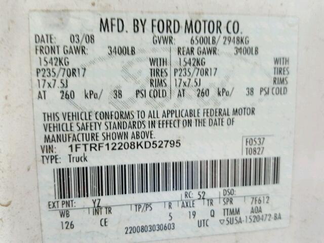 1FTRF12208KD52795 - 2008 FORD F150 Ақ фото 10