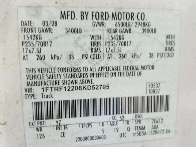 1FTRF12208KD52795 - 2008 FORD F150 WHITE photo 10