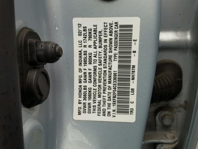 19XFB2F54CE336961 - 2012 HONDA CIVIC LX SILVER photo 10