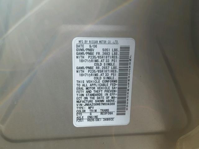 JN8AZ08W67W604389 - 2007 NISSAN MURANO SL GOLD photo 10