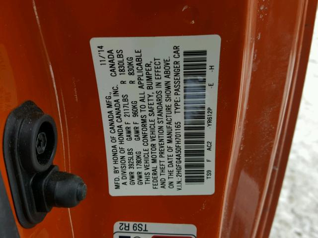 2HGFG4A50FH701165 - 2015 HONDA CIVIC SI ORANGE photo 10