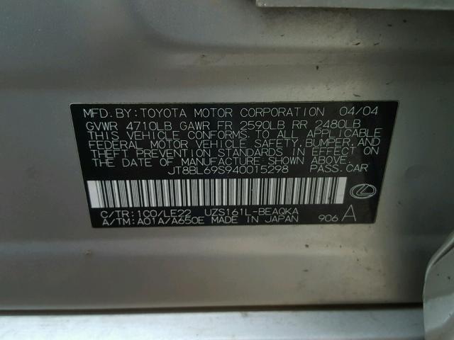 JT8BL69S940015298 - 2004 LEXUS GS 430 SILVER photo 10