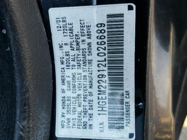 1HGEM22912L026689 - 2002 HONDA CIVIC EX შავი ფოტო 10