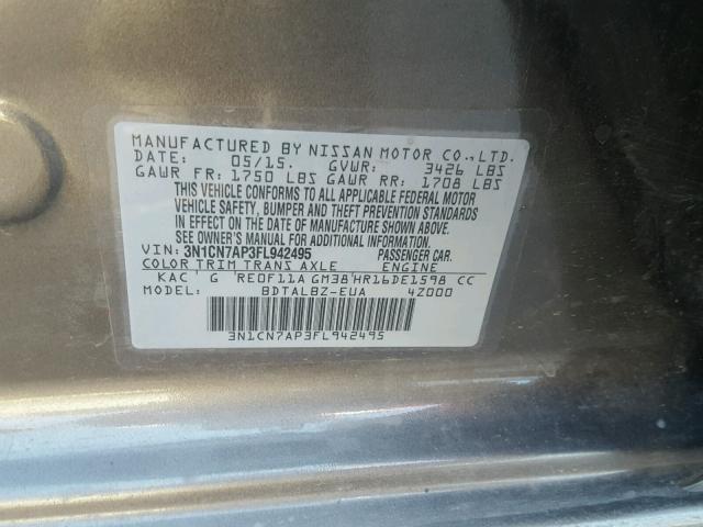 3N1CN7AP3FL942495 - 2015 NISSAN VERSA S GRAY photo 10