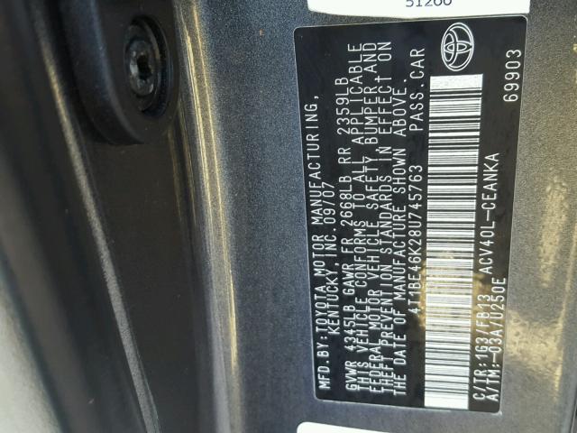 4T1BE46K28U745763 - 2008 TOYOTA CAMRY CE GRAY photo 10