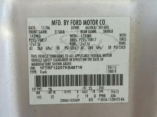 1FTRF12257KB48718 - 2007 FORD F150 SILVER photo 10