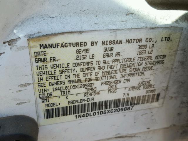 1N4DL01D5XC209887 - 1999 NISSAN ALTIMA XE WHITE photo 10