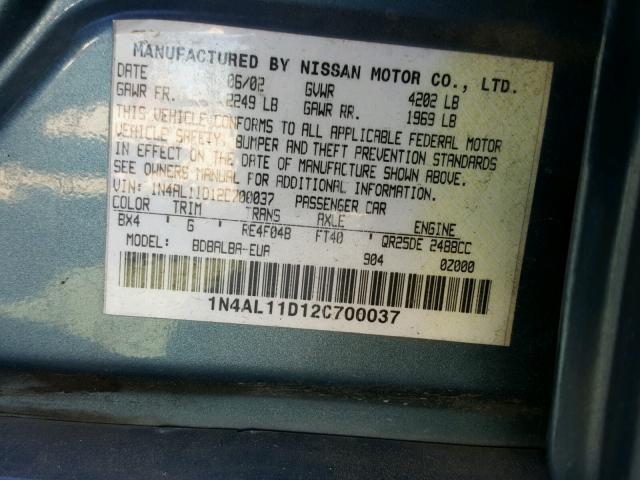 1N4AL11D12C700037 - 2002 NISSAN ALTIMA BAS GREEN photo 10