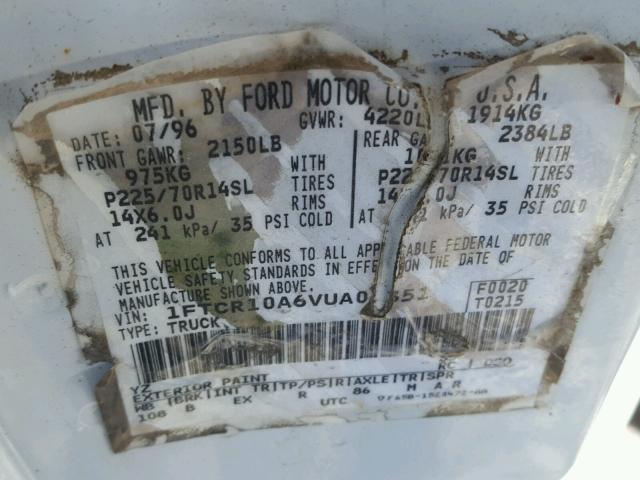 1FTCR10A6VUA05351 - 1997 FORD RANGER WHITE photo 10