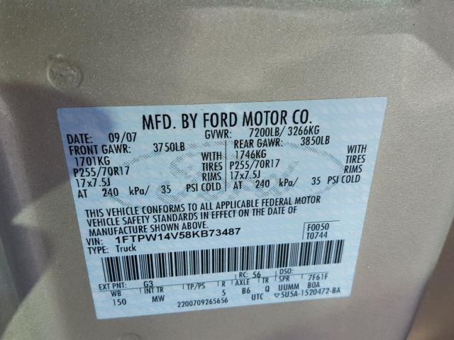 1FTPW14V58KB73487 - 2008 FORD F150 SUPER TAN photo 10