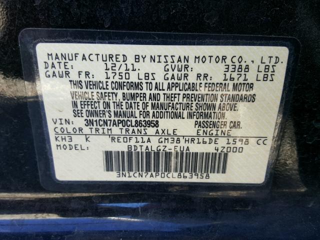 3N1CN7AP0CL863958 - 2012 NISSAN VERSA S BLACK photo 10