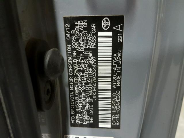 JTKJF5C76C3044797 - 2012 TOYOTA SCION TC 灰色 照片 10