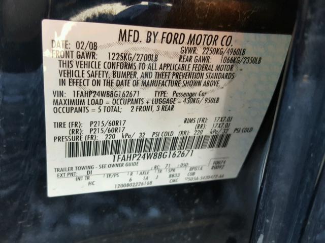 1FAHP24W88G162671 - 2008 FORD TAURUS SEL BLACK photo 10