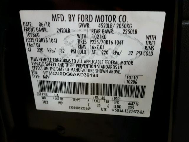 1FMCU0DG8AKD39194 - 2010 FORD ESCAPE XLT BLACK photo 10