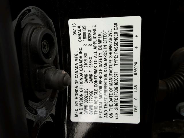 2HGFC1F33GH650571 - 2016 HONDA CIVIC EX იასამნისფერი ფოტო 10