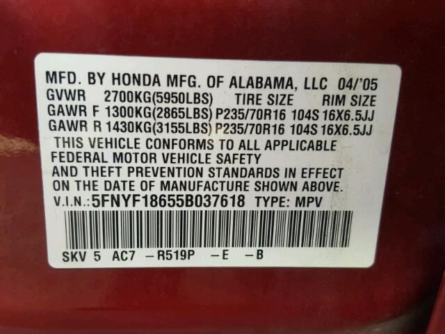 5FNYF18655B037618 - 2005 HONDA PILOT EXL RED photo 10