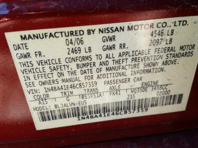 1N4BA41E46C857359 - 2006 NISSAN MAXIMA SE MAROON photo 10