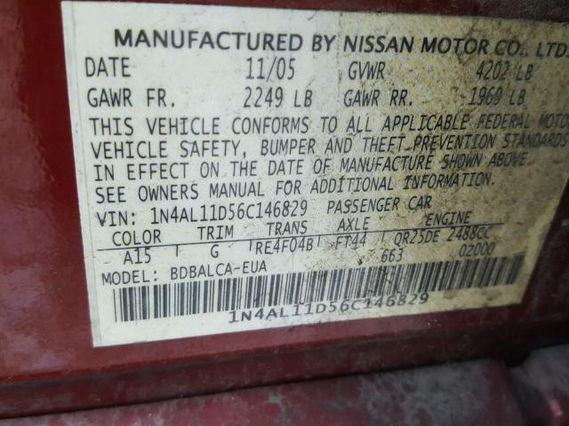 1N4AL11D56C146829 - 2006 NISSAN ALTIMA S RED photo 10