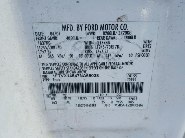 1FTVX14547NA65038 - 2007 FORD F-150 WHITE photo 10