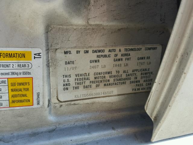 KL1TD56638B146507 - 2008 CHEVROLET AVEO BASE Gümüş fotoğraf 10