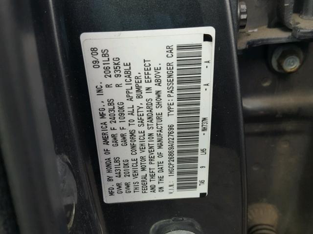 1HGCP26869A027696 - 2009 HONDA ACCORD EXL GRAY photo 10