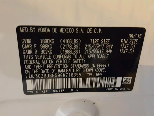 3CZRU6H59GM718355 - 2016 HONDA HR-V EX WHITE photo 10