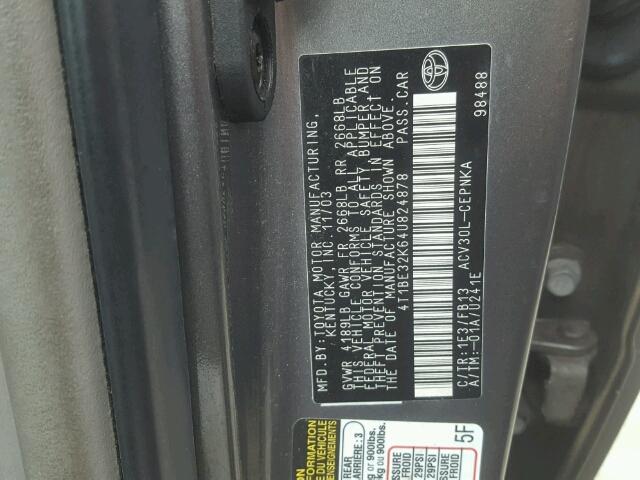 4T1BE32K64U824878 - 2004 TOYOTA CAMRY LE CHARCOAL photo 10
