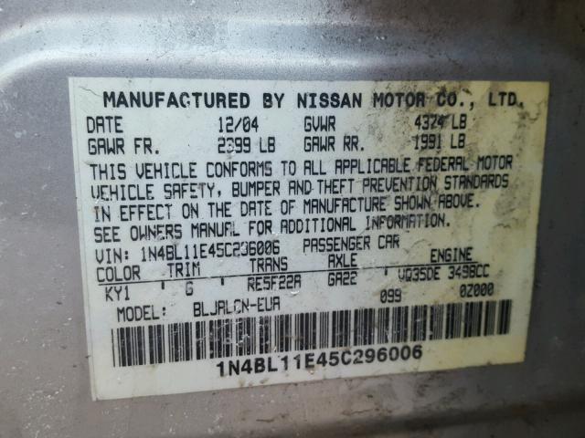 1N4BL11E45C296006 - 2005 NISSAN ALTIMA SE SILVER photo 10