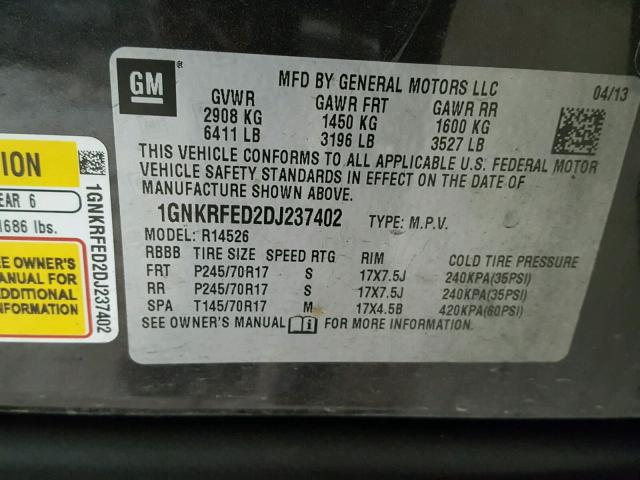 1GNKRFED2DJ237402 - 2013 CHEVROLET TRAVERSE L CHARCOAL photo 10