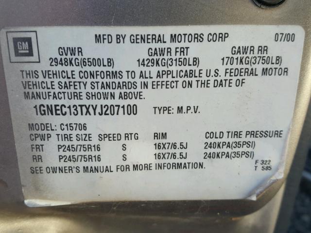 1GNEC13TXYJ207100 - 2000 CHEVROLET TAHOE C150 GRAY photo 10