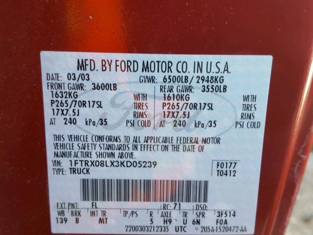 1FTRX08LX3KD05239 - 2003 FORD F150 RED photo 10