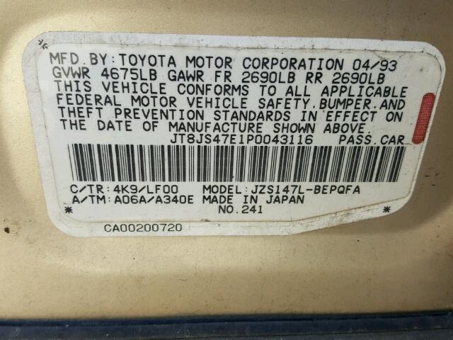 JT8JS47E1P0043116 - 1993 LEXUS GS 300 GOLD photo 10