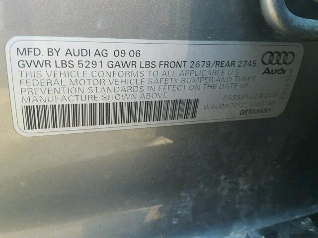 WAUDH74F27N053150 - 2007 AUDI A6 3.2 QUA SILVER photo 10