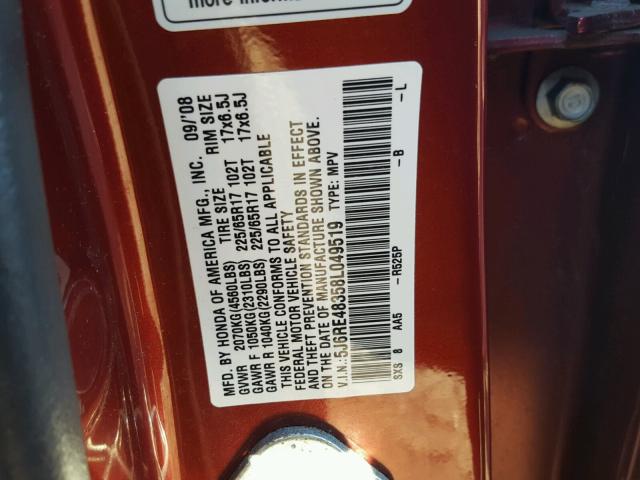 5J6RE48358L049519 - 2008 HONDA CR-V LX RED photo 10