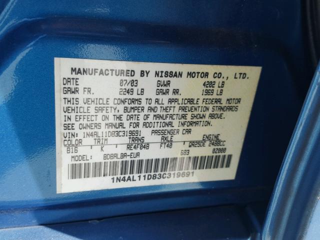 1N4AL11D83C319691 - 2003 NISSAN ALTIMA BAS BLUE photo 10