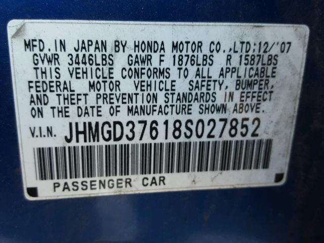 JHMGD37618S027852 - 2008 HONDA FIT SPORT BLUE photo 10