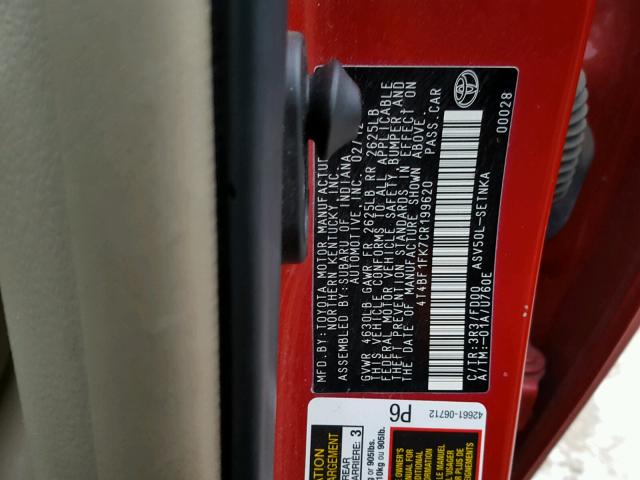 4T4BF1FK7CR199620 - 2012 TOYOTA CAMRY BASE RED photo 10