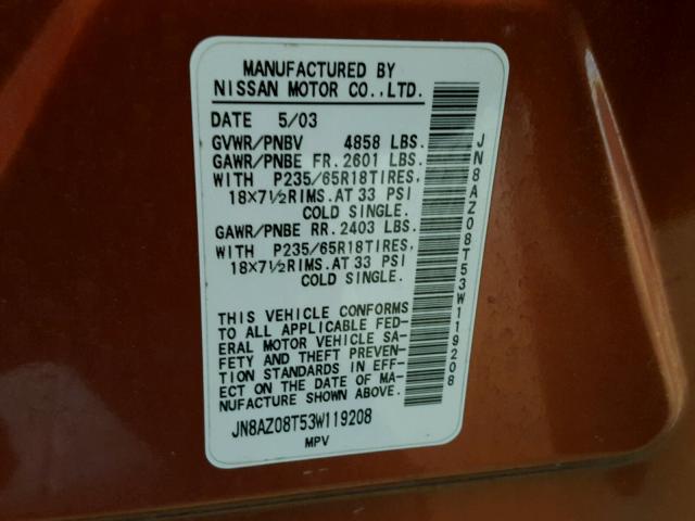 JN8AZ08T53W119208 - 2003 NISSAN MURANO SL ORANGE photo 10