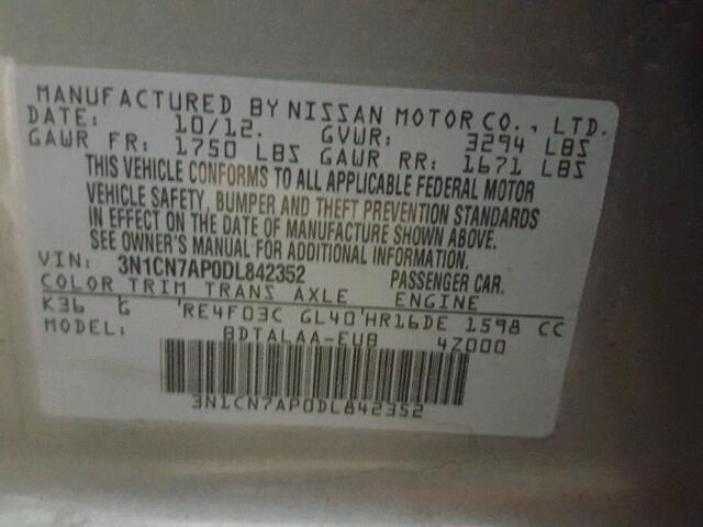 3N1CN7AP0DL842352 - 2013 NISSAN VERSA S GRAY photo 10