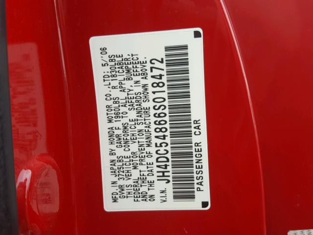 JH4DC54866S018472 - 2006 ACURA RSX RED photo 10