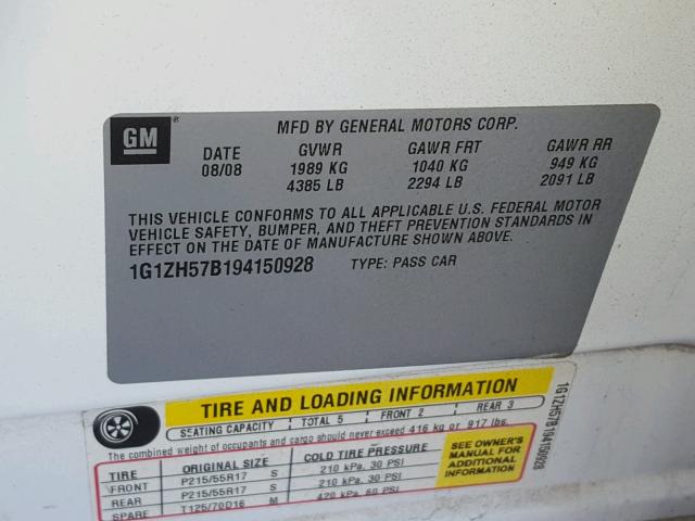 1G1ZH57B194150928 - 2009 CHEVROLET MALIBU 1LT 白色 照片 10