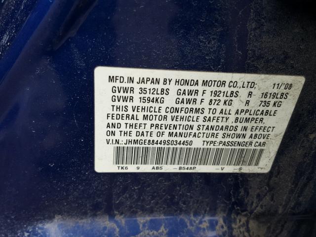 JHMGE88449S034450 - 2009 HONDA FIT SPORT BLUE photo 10