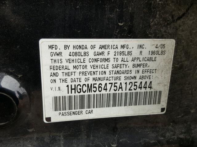 1HGCM56475A125444 - 2005 HONDA ACCORD LX BLACK photo 10