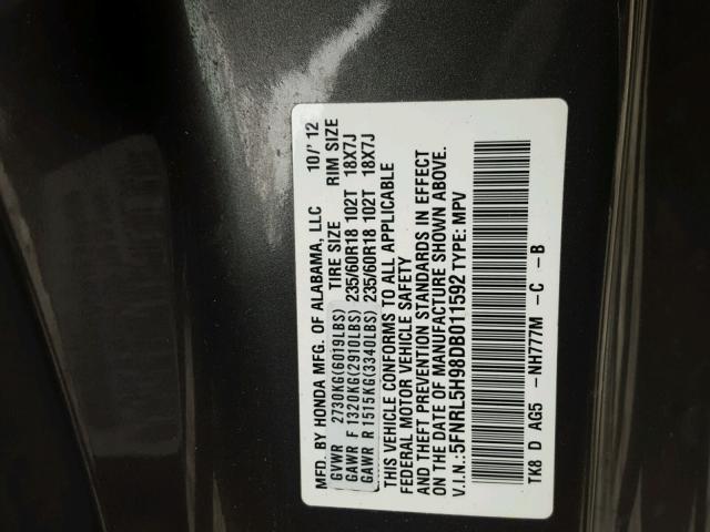 5FNRL5H98DB011592 - 2013 HONDA ODYSSEY TO GRAY photo 10