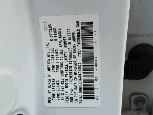 1HGCR3F84DA015930 - 2013 HONDA ACCORD EXL WHITE photo 10