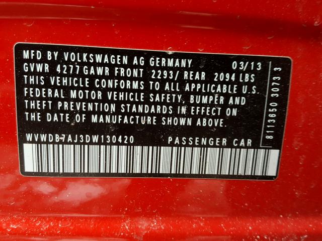 WVWDB7AJ3DW130420 - 2013 VOLKSWAGEN GOLF 红色 照片 10