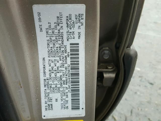 JTJHF10U430294742 - 2003 LEXUS RX 300 TAN photo 10