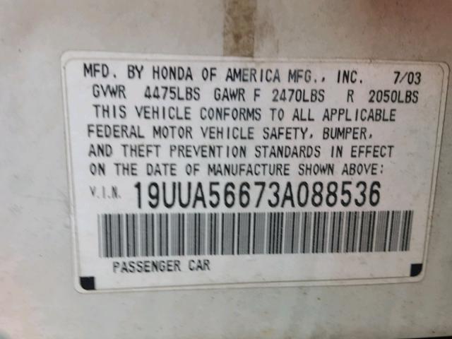 19UUA56673A088536 - 2003 ACURA 3.2TL WHITE photo 10